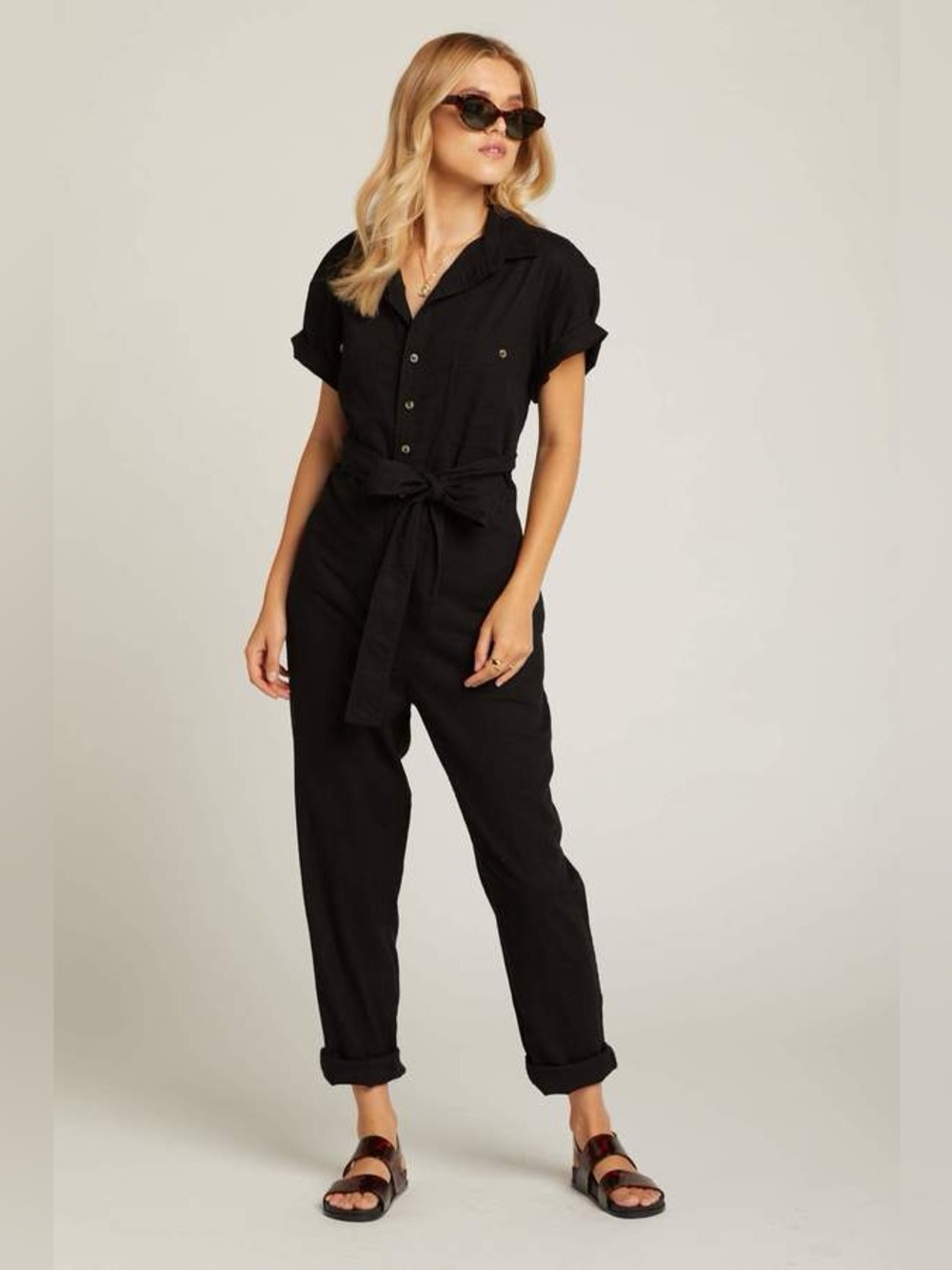 ROLLA'S Horizon Linen Blend Jumpsuit Black Short Sleeve Size Large